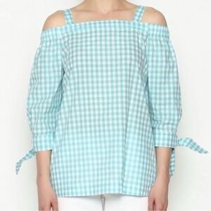 Tyler Boe Off The Shoulder 3/4‎ Sleeve Teal/White Gingham Cotton Top Medium EUC